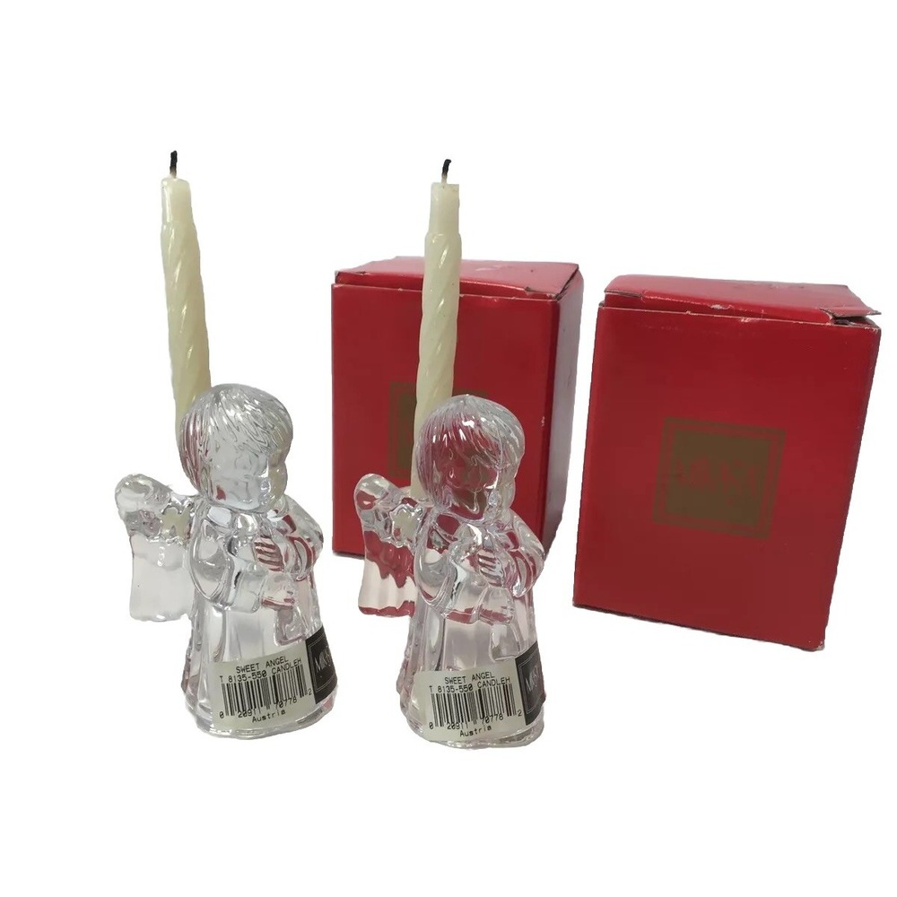 NIB Mikasa Elegant Crystal Glass 4" Candle Holder Sweet Angel Christmas Set Of 2